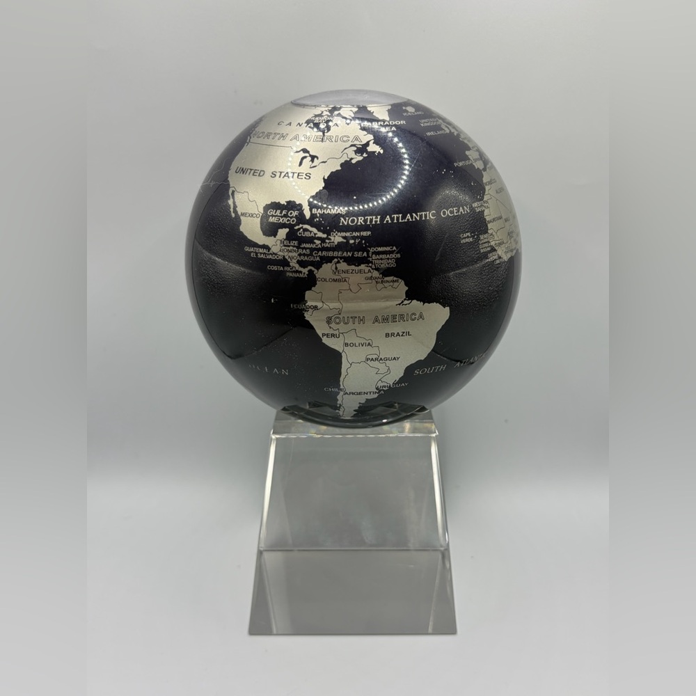 Mova Globe Map Earth Silver Tone Metallic Landmasses with Crystal Pedestal
